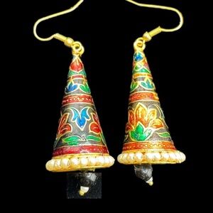 Meenakari Cone Earrings with Beads. Large Multicolor Hook Closure. Enamel.